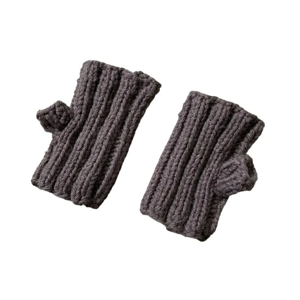Hand Knit Handmade Wool Chinky Knit Fingerless Gloves Mittens Brown One Size